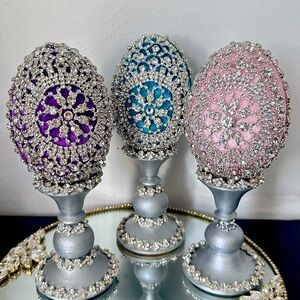 Luxury Easter Egg  with stand Decor 8,5 “ tall in Silver rhinestone appliqué